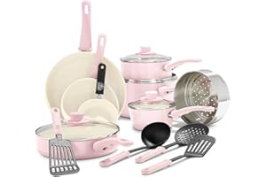 GreenLife Soft Grip Healthy Ceramic Nonstick, 16 Piece Cookware Pots and Pans Set, PFAS-Free, Dishwasher Safe, Soft Pink