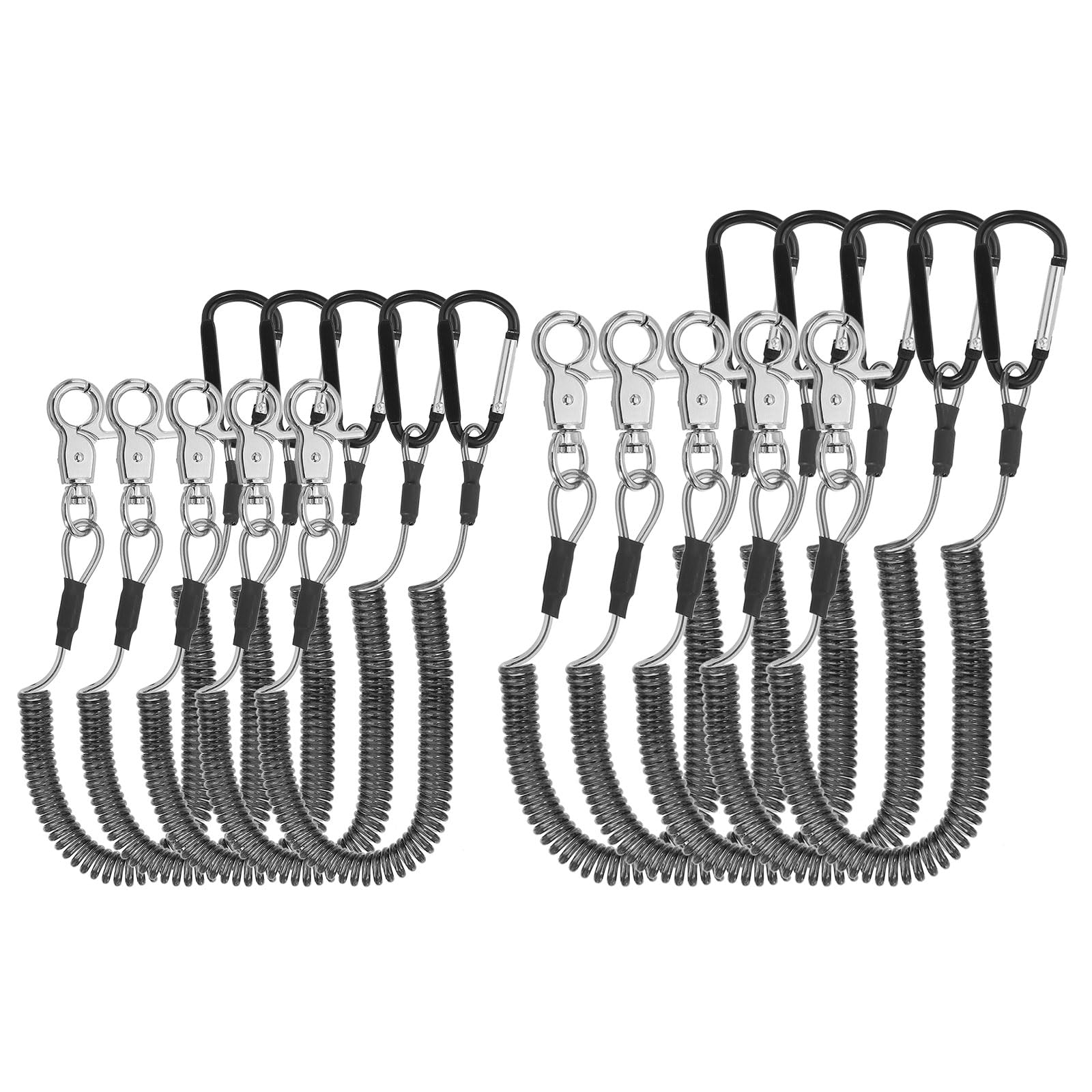 PATIKIL 10pcs Retractable Spring Coil Straps, 4" 6" Spiral Stretchy Safety Lanyard Cord with Aluminium Clip for Fishing Kayak Climbing Boating Pliers, Black