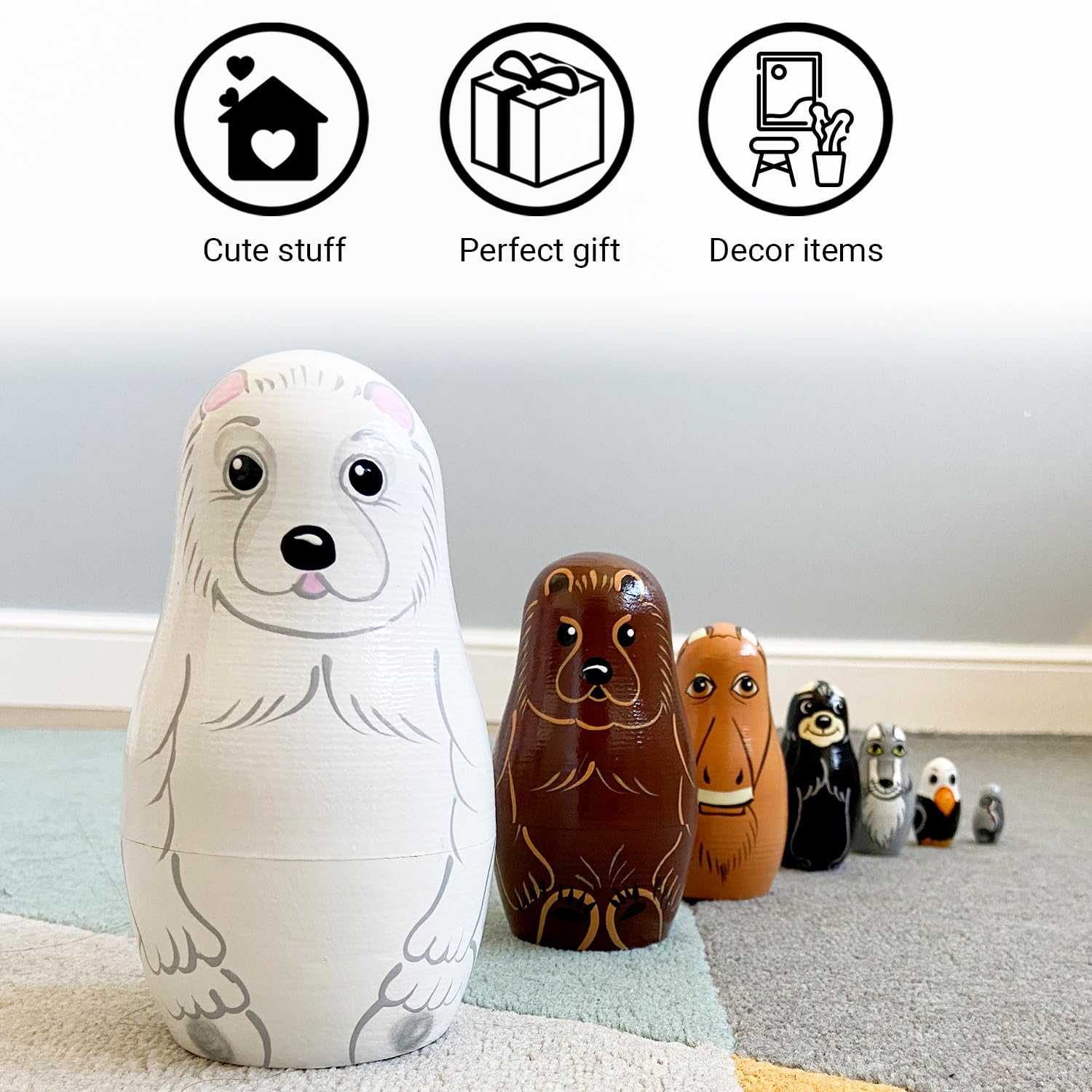Wooden Animal Nesting Dolls Set of 7 pcs - Matryoshka Polar Animals Figurines - North American Animals Alaska Souvenirs
