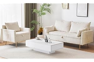 Furnimart 3-Seater Storage Sofa and Couch, Corduroy Loveseat with Accent Single Chair, Small Living Room Furniture Set for Apartment, Tiny Homes and Lofts, 2PC-Beige