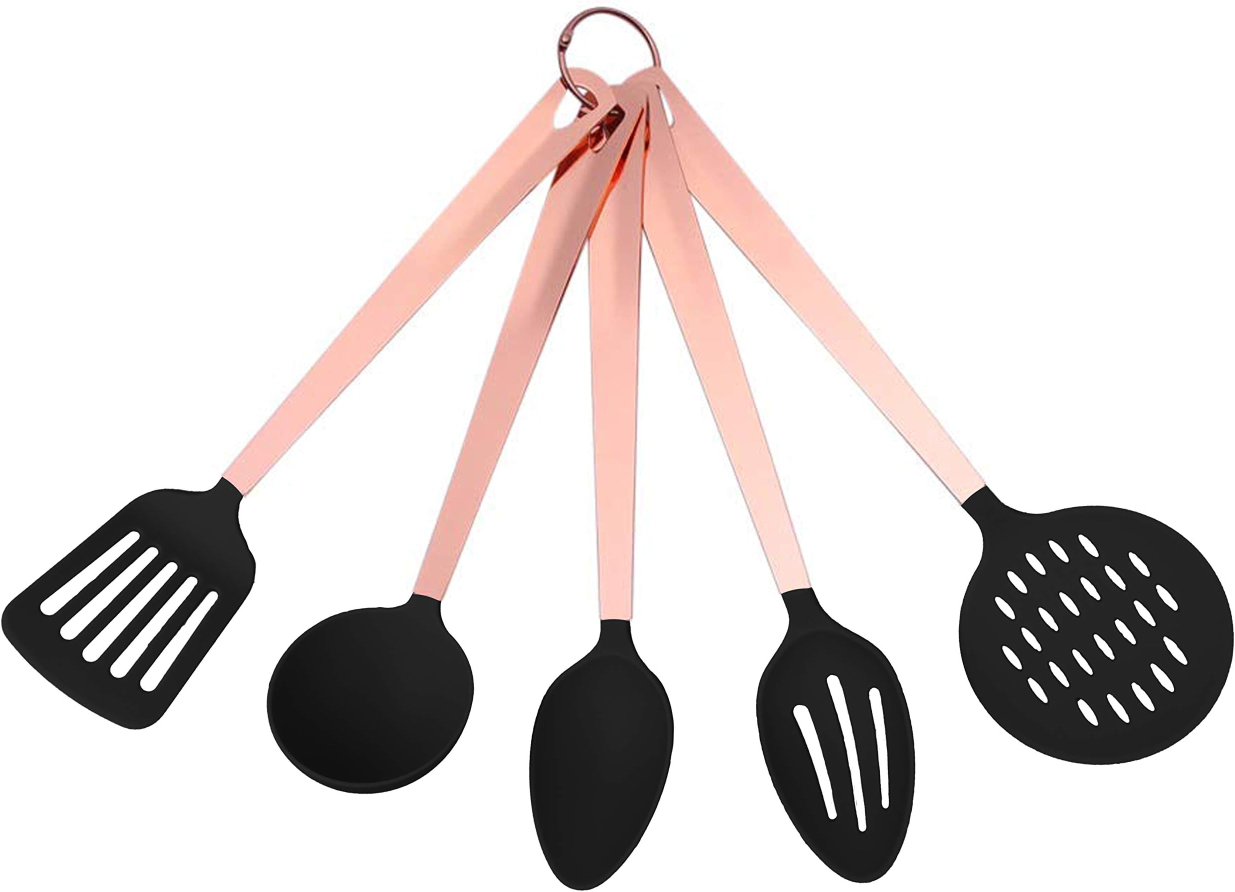 (Black) - COOK With colour 5 Piece Nylon Cooking Utensil Set on a Ring with Rose Gold Copper Handles