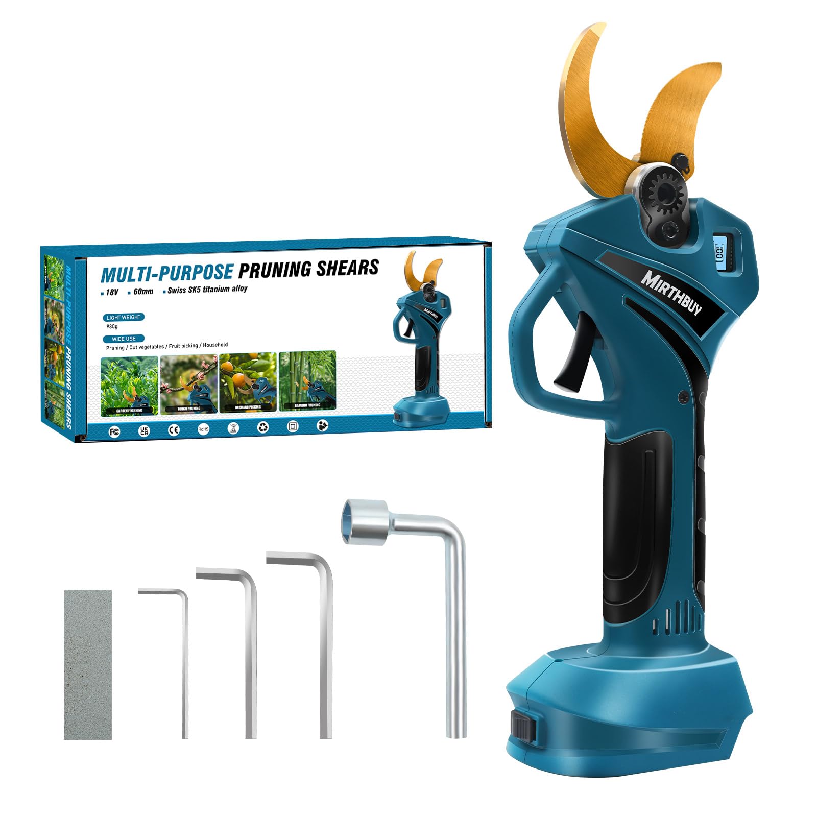 MIRTHBUY Cordless Electric Pruning Shears, 40mm Brushless Motor Secateurs max Cut 65mm, LCD Display Electric Scissors for Makita BL-18V, Professional Pruner for Pruning Trees and Shrubs (NO Battery)