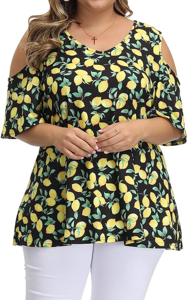 Allegrace Women's Plus Size Floral Printing Cold Shoulder Tunic Top Short Sleeve V Neck T Shirts