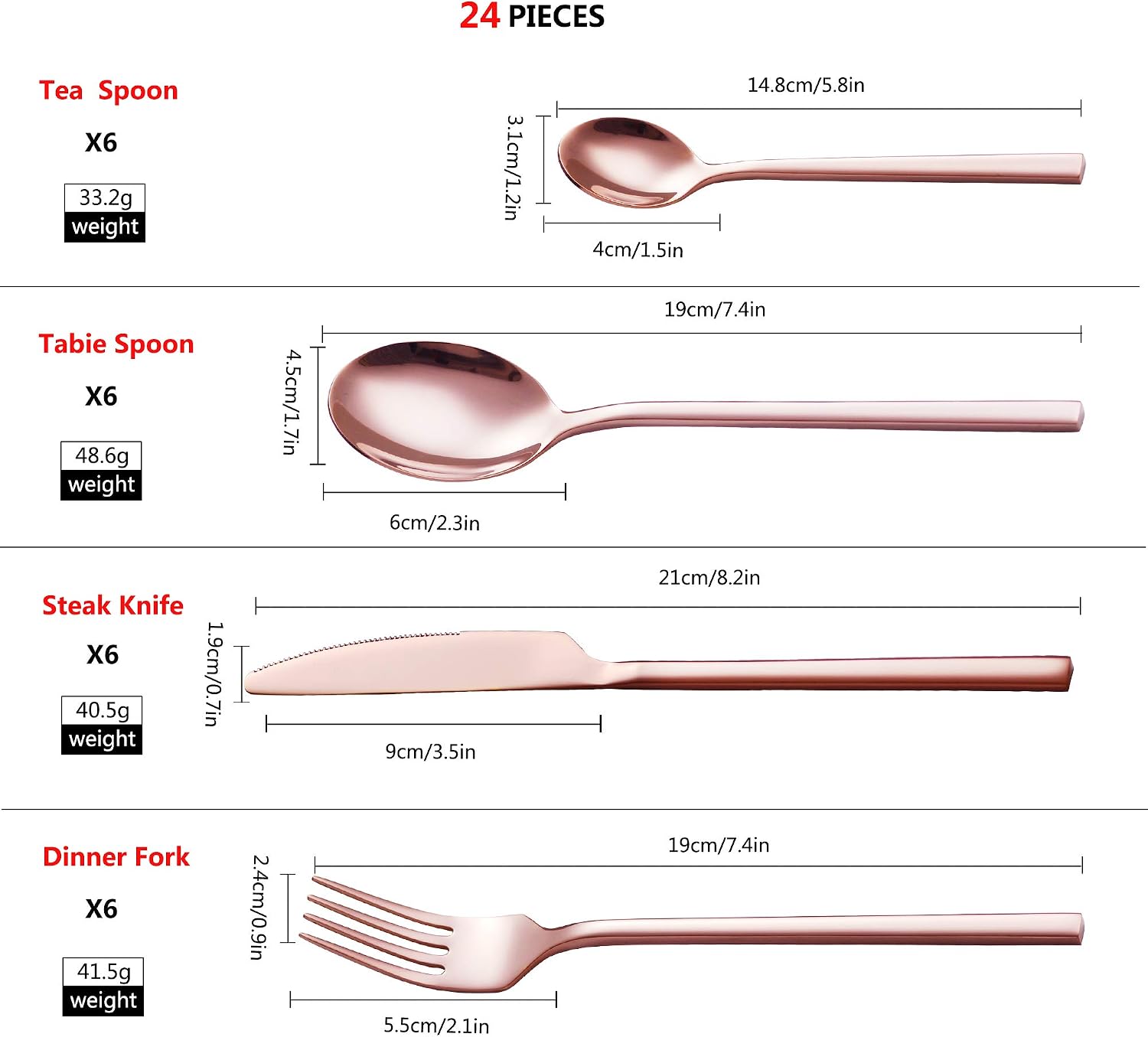 Velaze 24-Piece Rose Gold Silverware Set Cutlery Set, Stainless Steel Cutlery Set for 6 People Include Dinner Spoon - Image 3