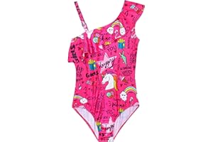 Snowheart Girls Swimsuit One Piece Bathing Suit Kids Summer Hawaiian One Shoulder Ruffle Swimwear for 3-12 Years Old