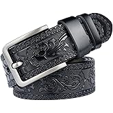 HYJTYA Men's Casual Genuine Leather Jeans Belts Vintage Leather Engraved Strap with Single Prong Buckle