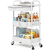 KINGRACK 3 Tier Metal Rolling Cart with Drawer, White Utility Storage Cart | 2 Cups &amp; 4 Hooks, Lockable Wheels, Trolley Organizer for Bathroom, Kitchen, Office, Nursery, Dorm, Laundry, Craft Room