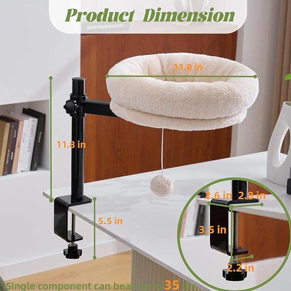 BYBYME CAT DESK BED FOR INDOOR CATS, KITTY BED FOR DESK SUPPORTS 44 LBS, 360° ROTATION & ADJUSTABLE, SOFT CAT NEST DESKTOP WITH HANGING BALL FOR OFFICE DESKS HOME TABLES, 12″ IN DIAMETER（WHITE）