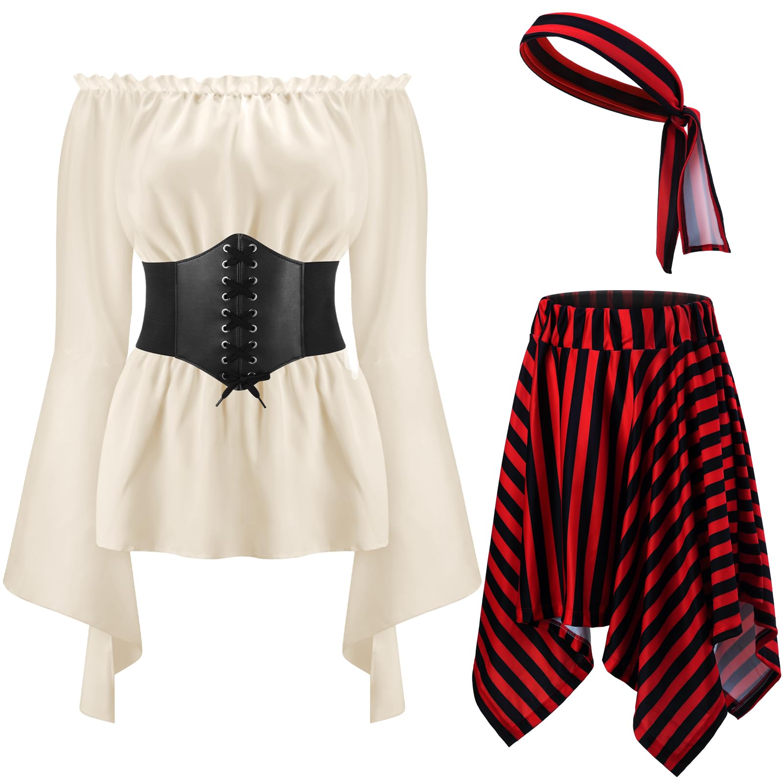 Photo 1 of 4 Pcs Halloween Womens Pirate Costume Renaissance Blouse Tops Corset Waist Belt Pirate Skirt for Halloween Party(XS Size,Apricot Color)