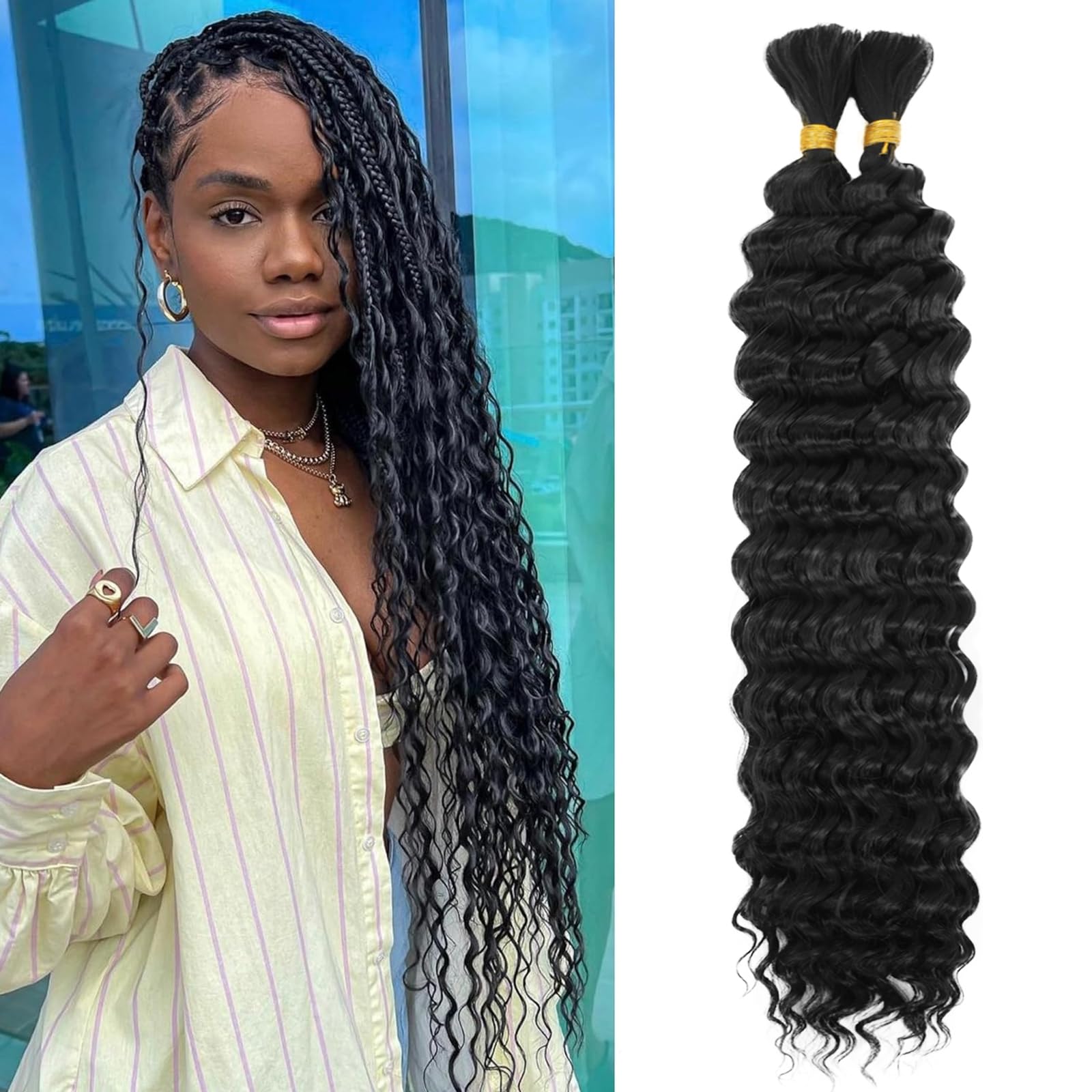 LPARMJIT Deep Wave Bulk hair for Braiding 18 inch 2 Bundles/Pack No Weft for Braiding Wavy Synthetic Braiding Hair Extensions for Boho Braids (1B, 24inch(1pack))