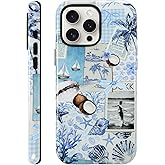 KANGHAR Summer Phone Case for iPhone 16 Pro [Compatible with MagSafe], Cute Aesthetic Coastal Blue Seashell Coquette Collage Design, 2-Layer Hybrid Shockproof Protective Cover for Women Girls