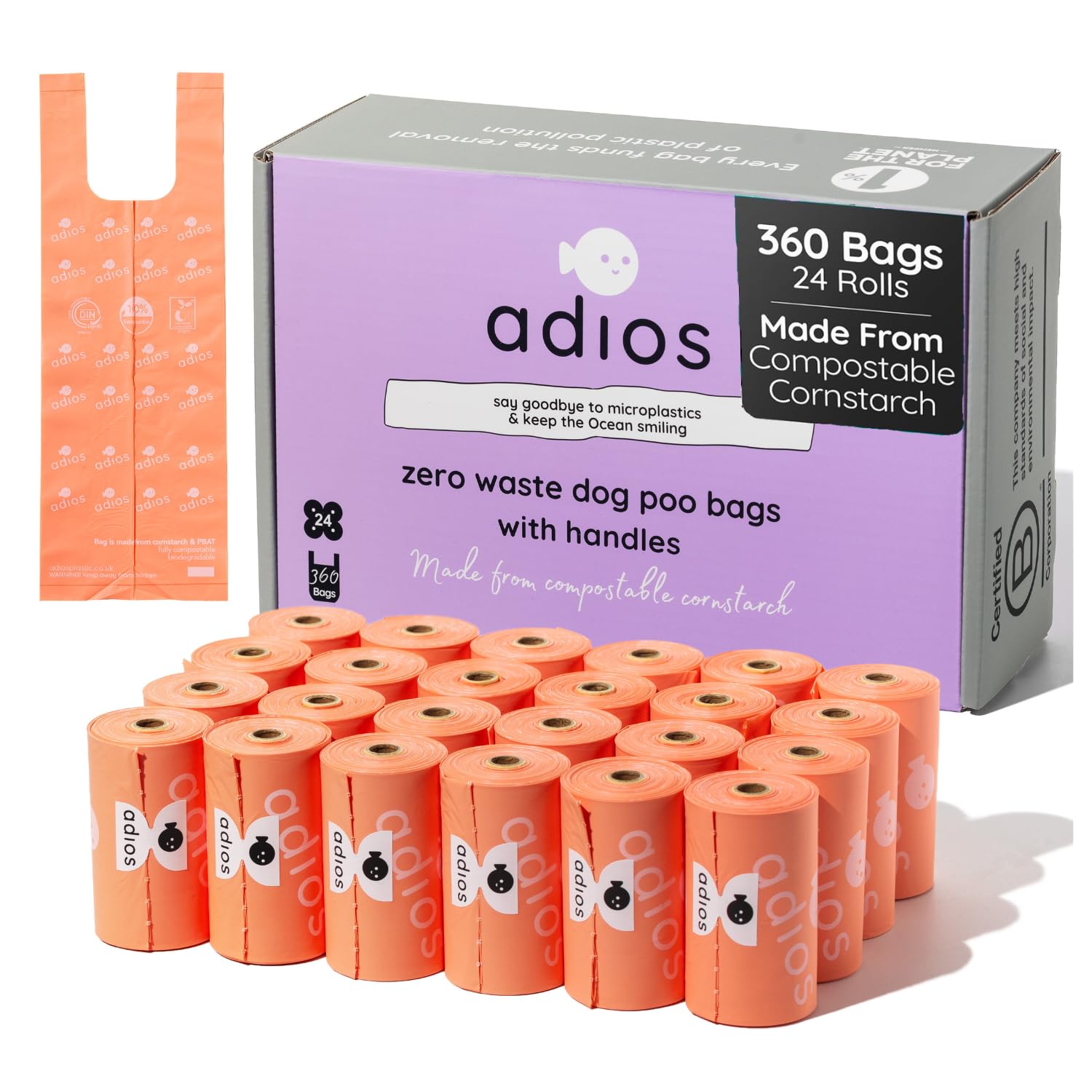 Adios Plastic - Compostable Dog Poop Bags with Handles, 360 Count (24 Rolls) - Coral Colour - Extra Thick, Leakproof, Odour Proof Dog Waste Bags - Made from Compostable Cornstarch - Easy Tear Rolls