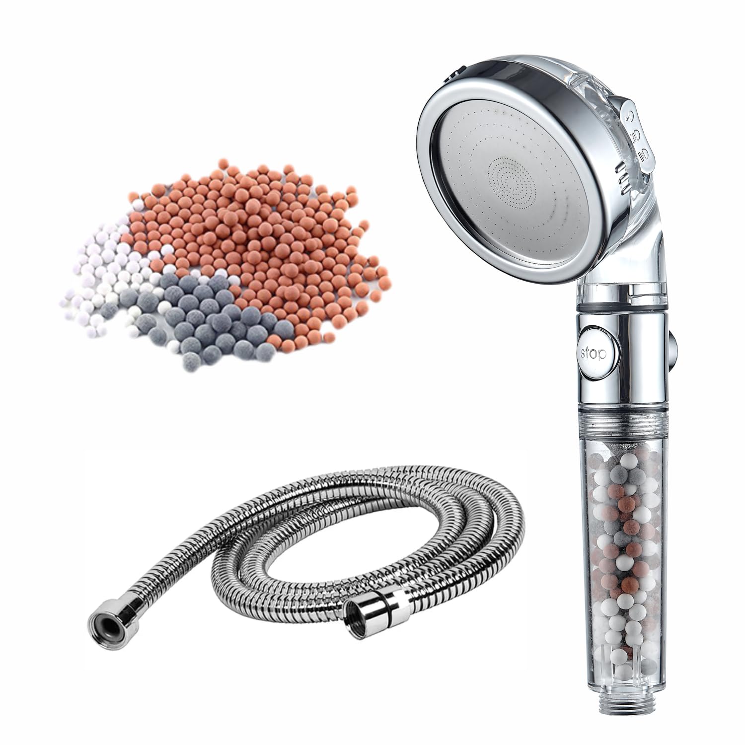 StoneStream® Shower Head Eco Power Original High Pressure Shower Head with Hose and Replacement Stones -3-in-1 Value Kit- with EcoStop Button for Non-Electric Showers Only