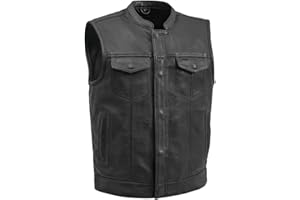 First Mfg Co Sharp Shooter Men's Motorcycle leather Vest - Classic Black Leather, Banded Collar, Covered Snaps