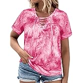 VISLILY Womens-Plus-Size-Summer-Tops Casual Lace Up Front T Shirts Tie Dye V Neck Tees Trendy Short Sleeve Tunics XL-5XL