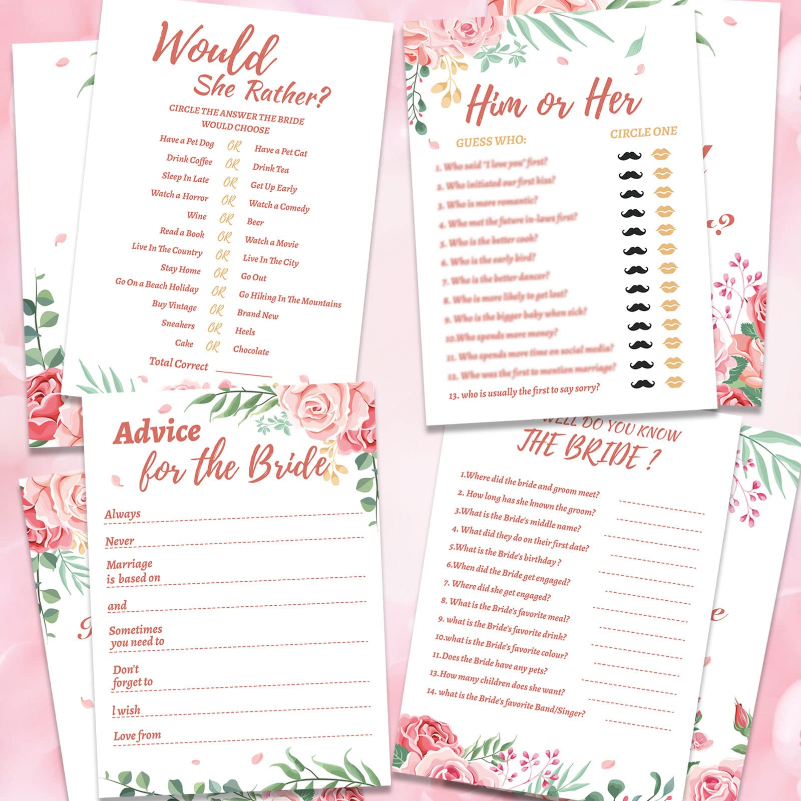 HOWAF 40 Hen Night Party Games, Advice for the Bride Cards, How Well Do You Know the Bride, Would She Rather, Hen Party Games Hen Do Games Bridal Shower Games Rose Gold Hen Do Accessories Decorations
