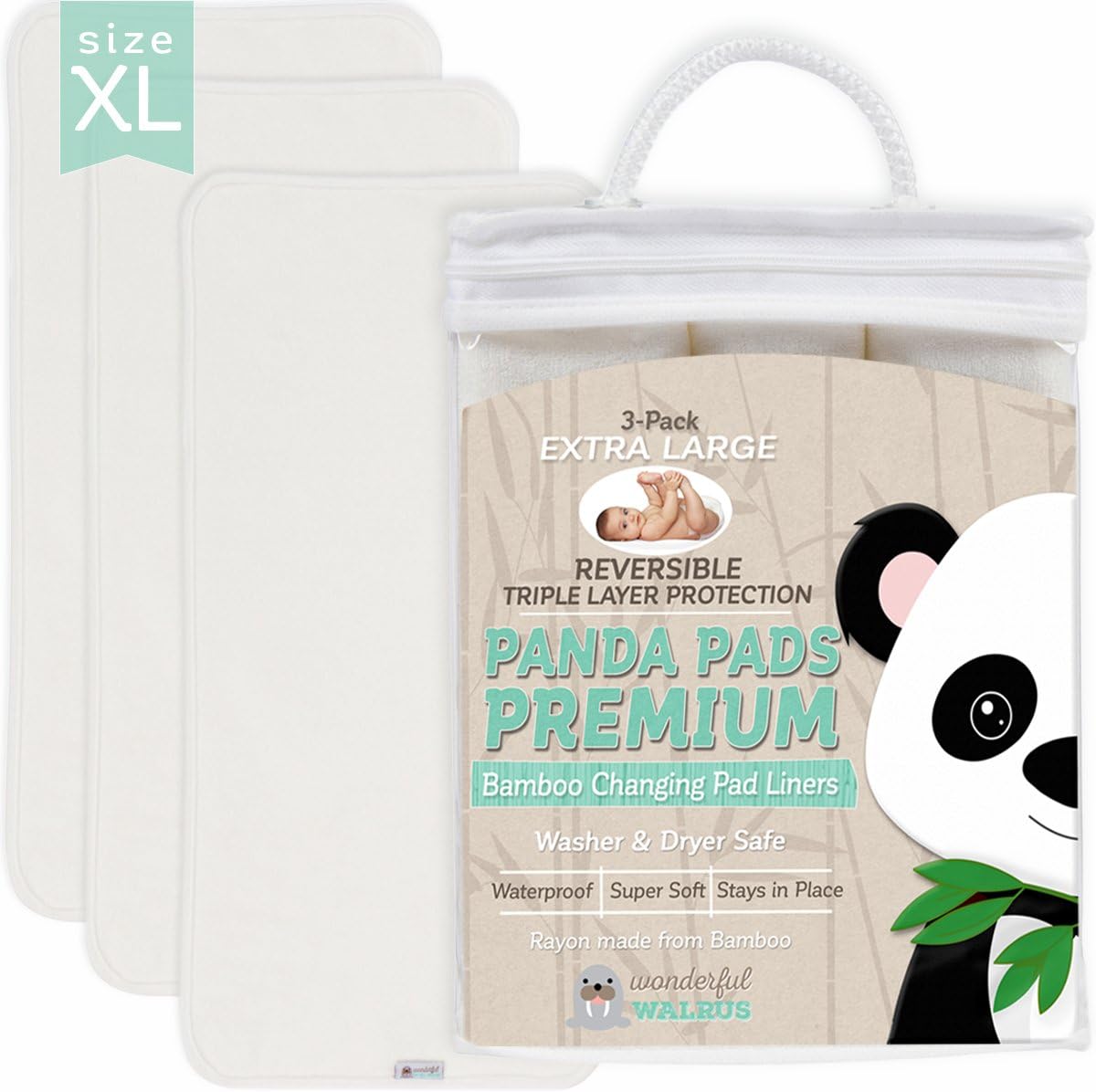 Panda Pads Premium X-Large Reversible 3-Pack Bamboo Changing Pad Liners. NO-Slip 3-Layer Design. Ultra Soft & Absorbent - Waterproof - Machine Wash & Dry, Antibacterial & Hypoallergenic. Great Gift!