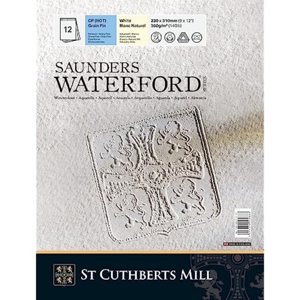 St Cuthberts Mill Saunders Waterford Series Watercolour Paper, 300 g/m², Fine Grain, Watercolour Pad, 23 x 31 cm, Glued on One Side, 12 Sheets, Natural White