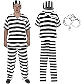 nezababy 4PCS Jail Prisoner Costume Men Striped Criminal Inmate Outfit Halloween Shirt Pants Convict Handcuffs for Cosplay