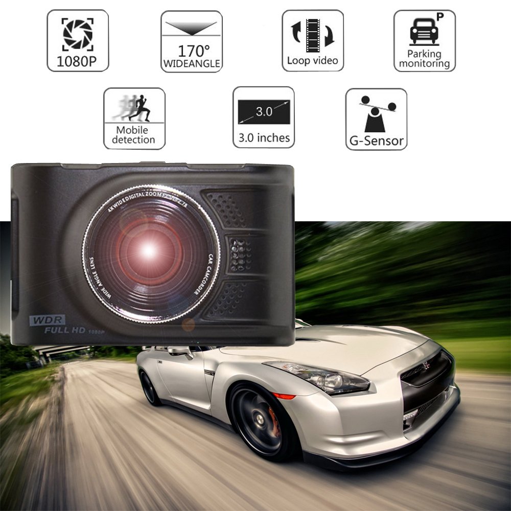 3.0 inch Dash Cam Full HD 1080P Car Dashboard Camera Recorder 170 degree Wide Angle, Loop Recording, G-sensor, Motion Detection, 16GB Micro Card Included