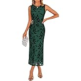 ZESICA Women's Summer Sleeveless Floral Bodycon Midi Dress 2026 Ruched Mesh Wrap Wedding Guest Cocktail Party Long Dresses
