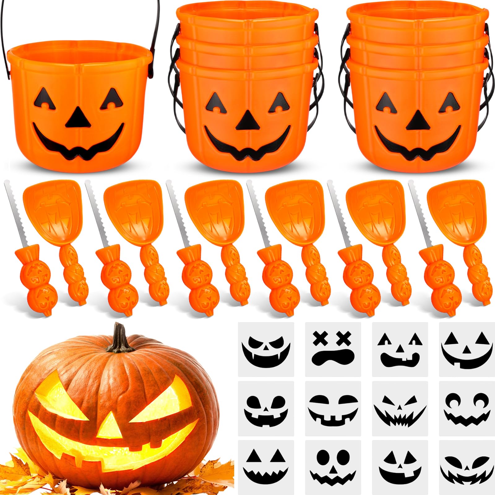 Photo 1 of Teenyyou 30 Pcs 6 Set Halloween Pumpkin Carving Kit Professional Heavy Duty Carving Tools Set Included 6 Gut Buckets 6 Knife 6 Scoops 12 Stencils for Family Party Halloween Decorations (Orange)