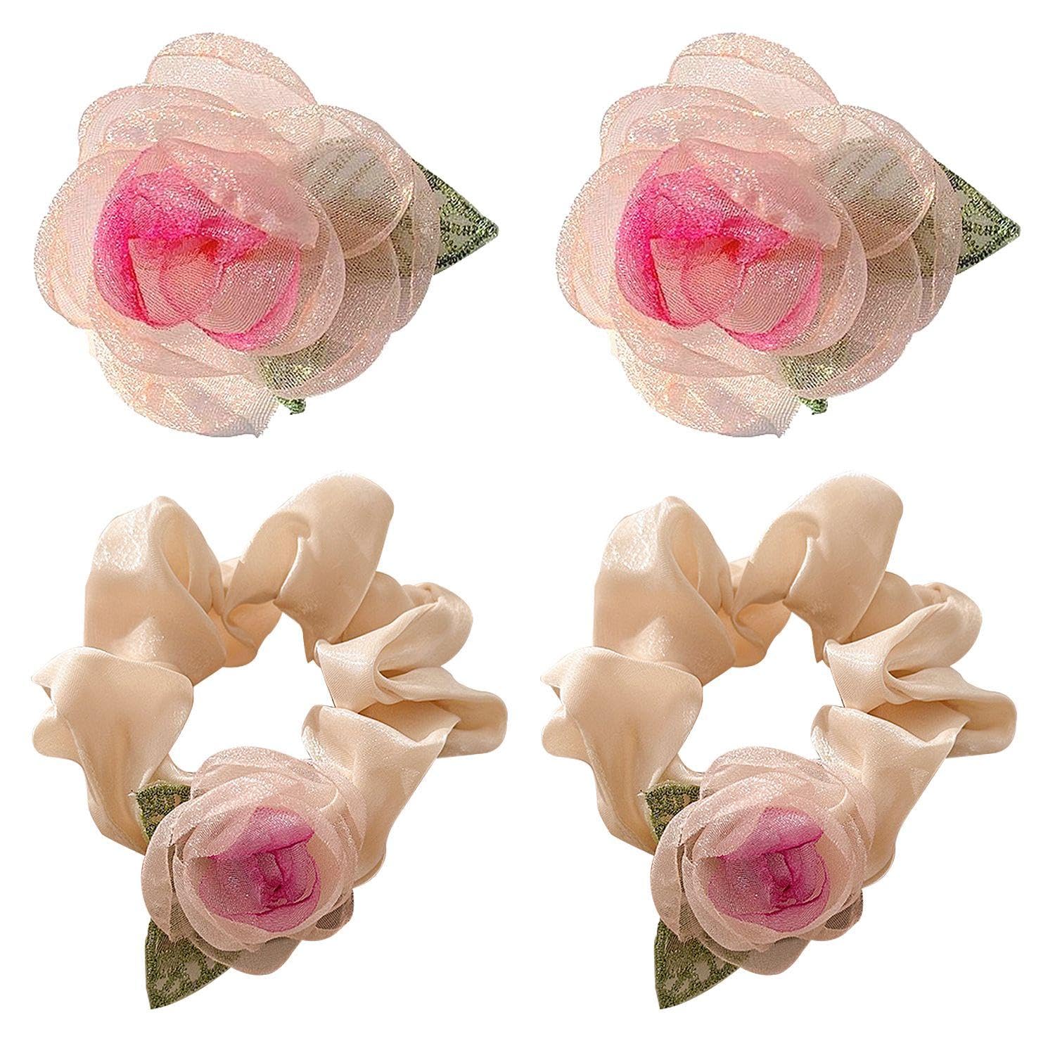 2 Pieces Flower Hair Clips And 2 Pieces Flower Hair Ties, Elegant Hair Accessories, Women'S Hair Accessories, Party Hair Accessories, Clothing Accessories