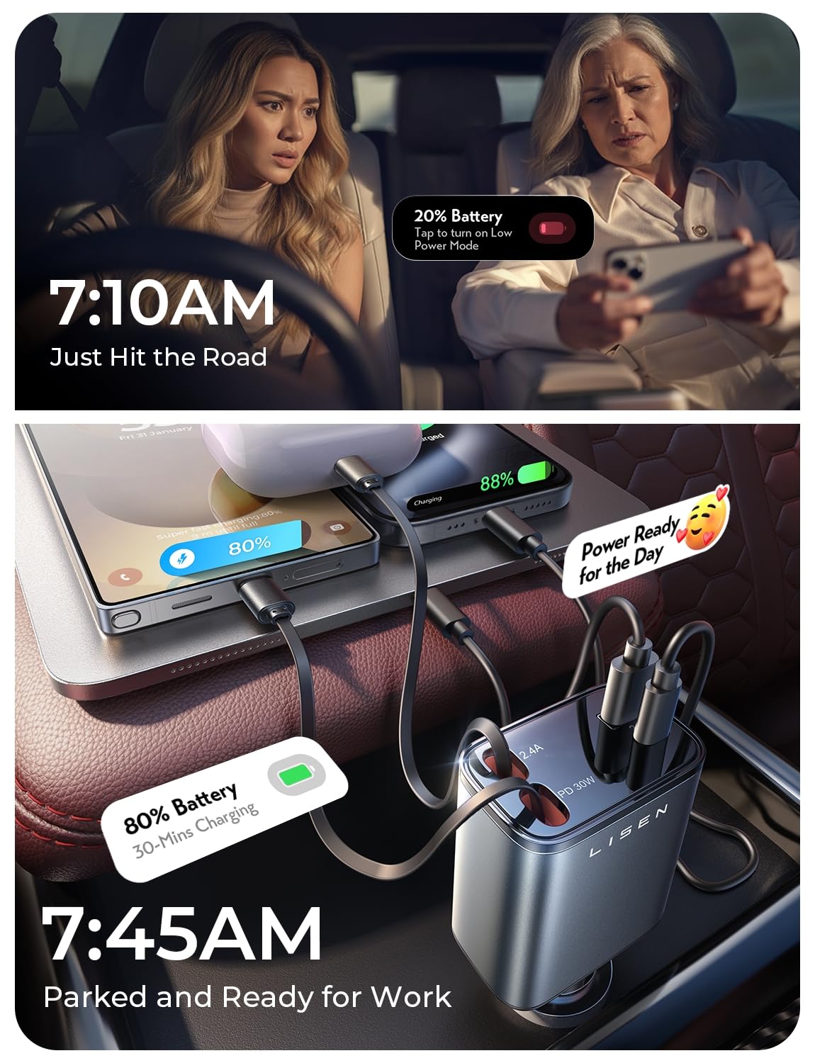 LISEN Retractable Car Charger, Gifts for Men Women, 69W Cars Adapter USB C Fast Charger for iPhoen 17, Car Accessories for Men Women, Gifts for Dad Mom, for iPhone 17 Pro Max Air 16 15 14 13 12 Plus