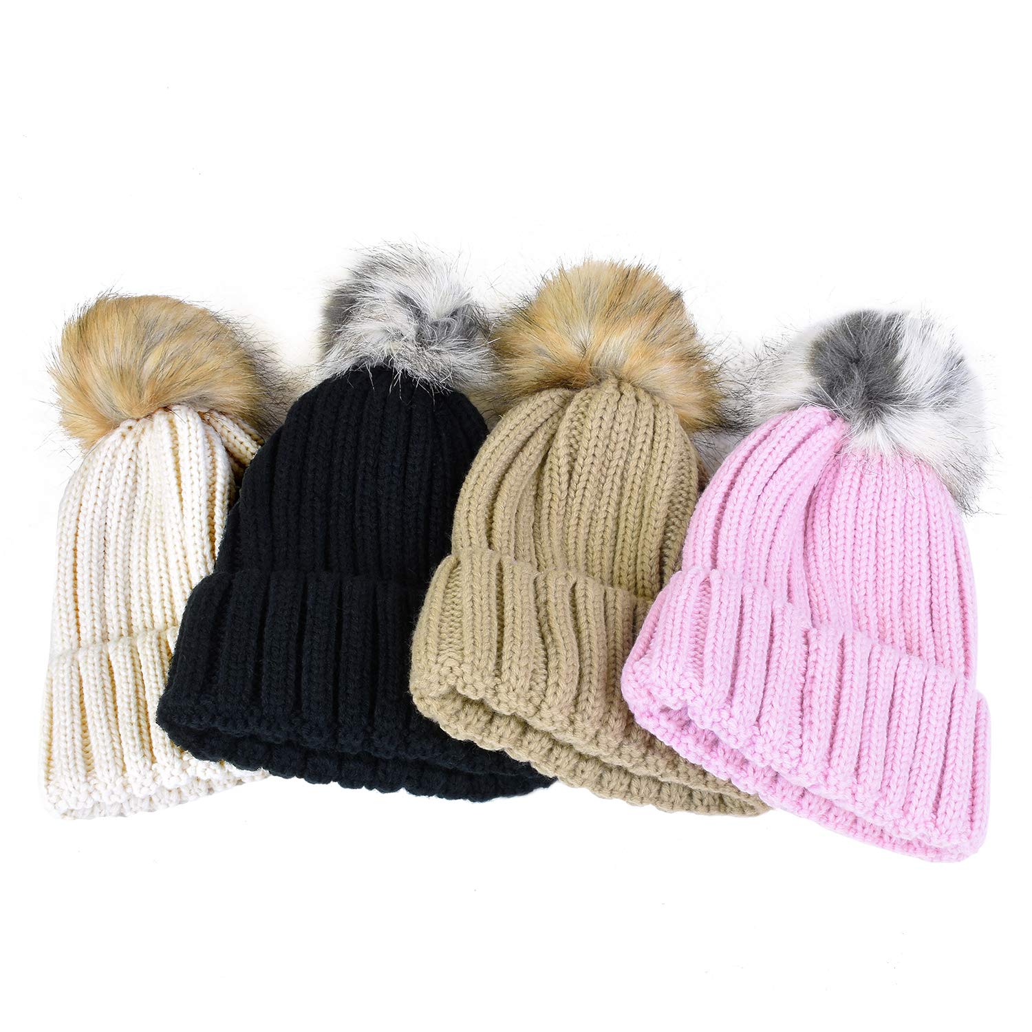Cable Knit Beanie Warm Faux Fuzzy Fur Pom Pom Skull Ski Cap for Men, Women