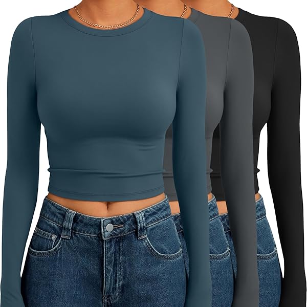 Trendy Queen Womens Long Sleeve Crop Tops Basic Slim Fitted Shirts