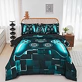 PERFEMET Gamer Bedding Set Twin Size 6-Piece Teal Blue Game Console Bed in A Bag for Boys Kids Teen 3D Black Gamepad Gaming Bedroom Collections(Teal, Twin)
