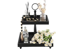 SYNCVIBE Tiered Tray Stand, Rustic Wooden 2 Tier Decorative Tray with Bead Garland, Farmhouse Square Wood Serving Tray Counter Centerpiece for Coffee Bar Home Decor Holiday Holloween Housewarming Gifts (Black)