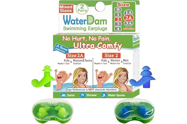 WaterDam A-Series Swimming Ear Plugs Ultra Comfy Great Waterproof Earplugs (Mixed Sizes, Size 2A+2: Kids Teens Medium Ear Women Small Ear Men (Green Blue))