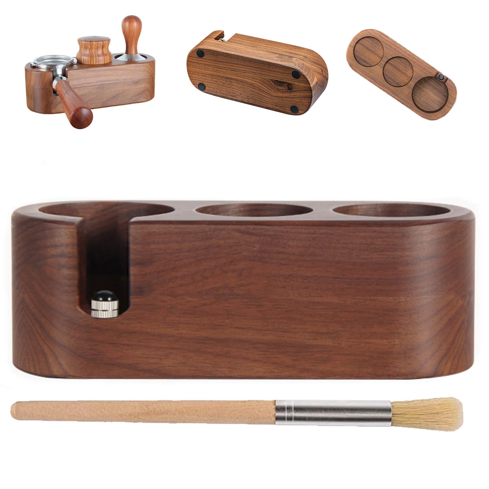 Tamper Station,Espresso Tamper Holder Station Wooden Coffee Filter Tamper Holder for 51 to 54MM,3 Holes Non Slip Coffee Tamp Mat Distributor Stand Fits Accessories for Kitchen,Cafe,Natural Walnut Wood