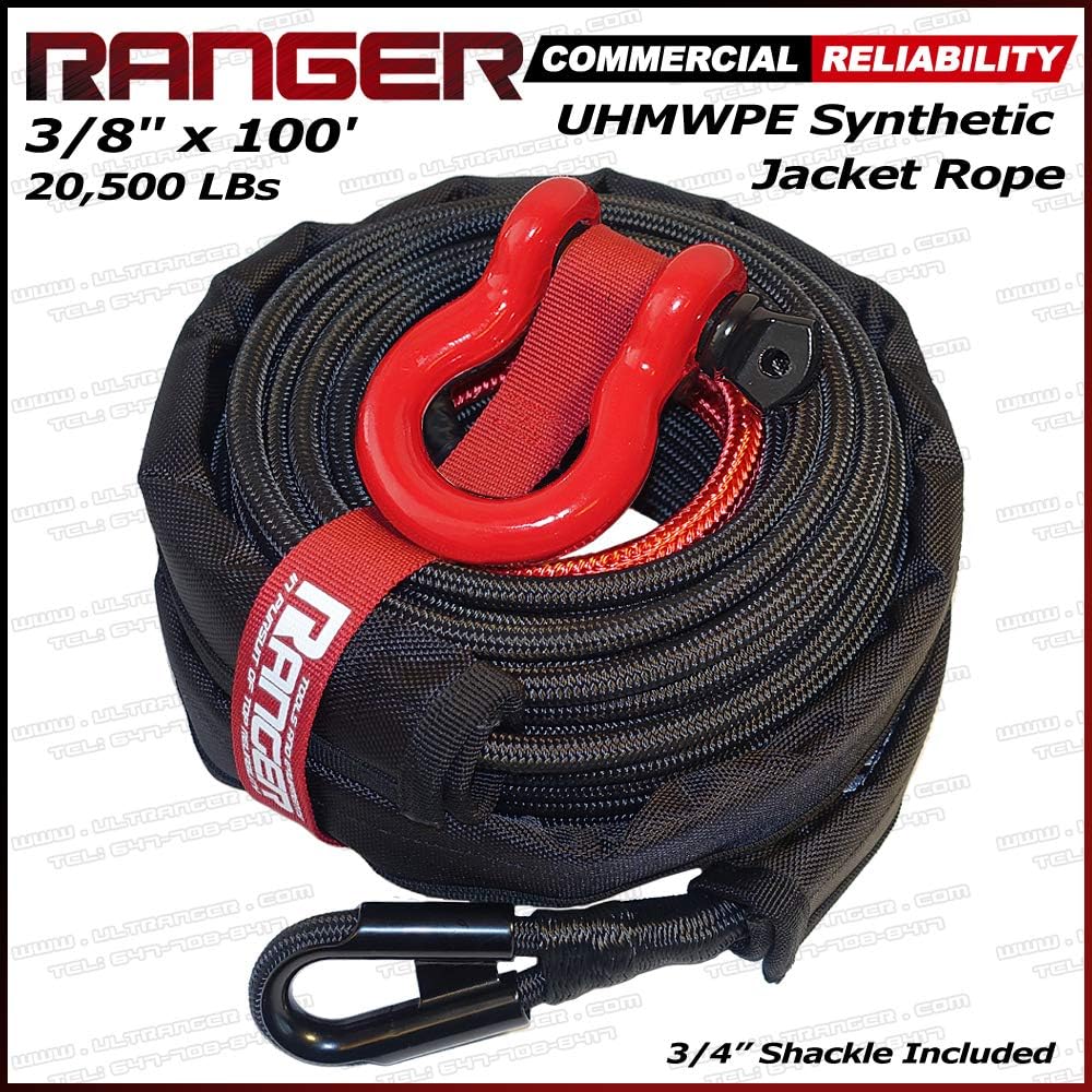 Ranger 3/8" x 100' UHMWPE Jacket Synthetic Winch Rope 20, 500LBs with Removable Rock Guard