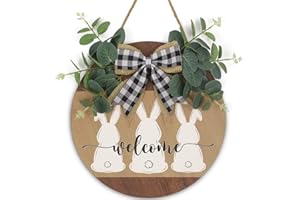 JORYSICS Easter Welcome Sign Front Door Decor with Bunny Rabbit Bow, Rustic Round Wooden Easter Wreath Sign for Spring Home Front Porch Window Wall Farmhouse Easter Decorations