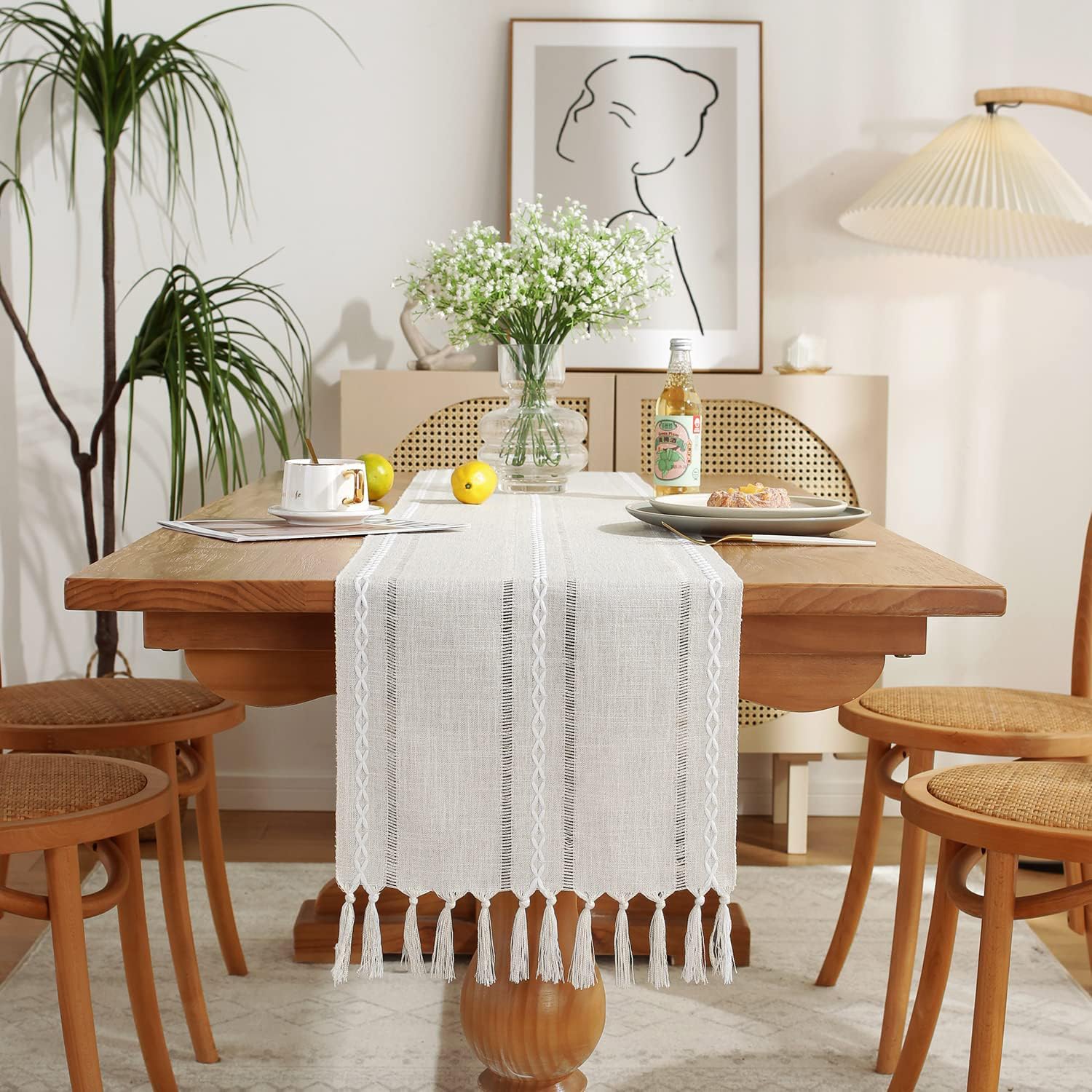 Wracra Hemstitch Cotton Linen Table Runner Farmhouse Style Ivory Table Runner 90cm Long with Hand-tassels for Dining Kitchen Party and Dessert Table Decor(Ivory, 90cm)