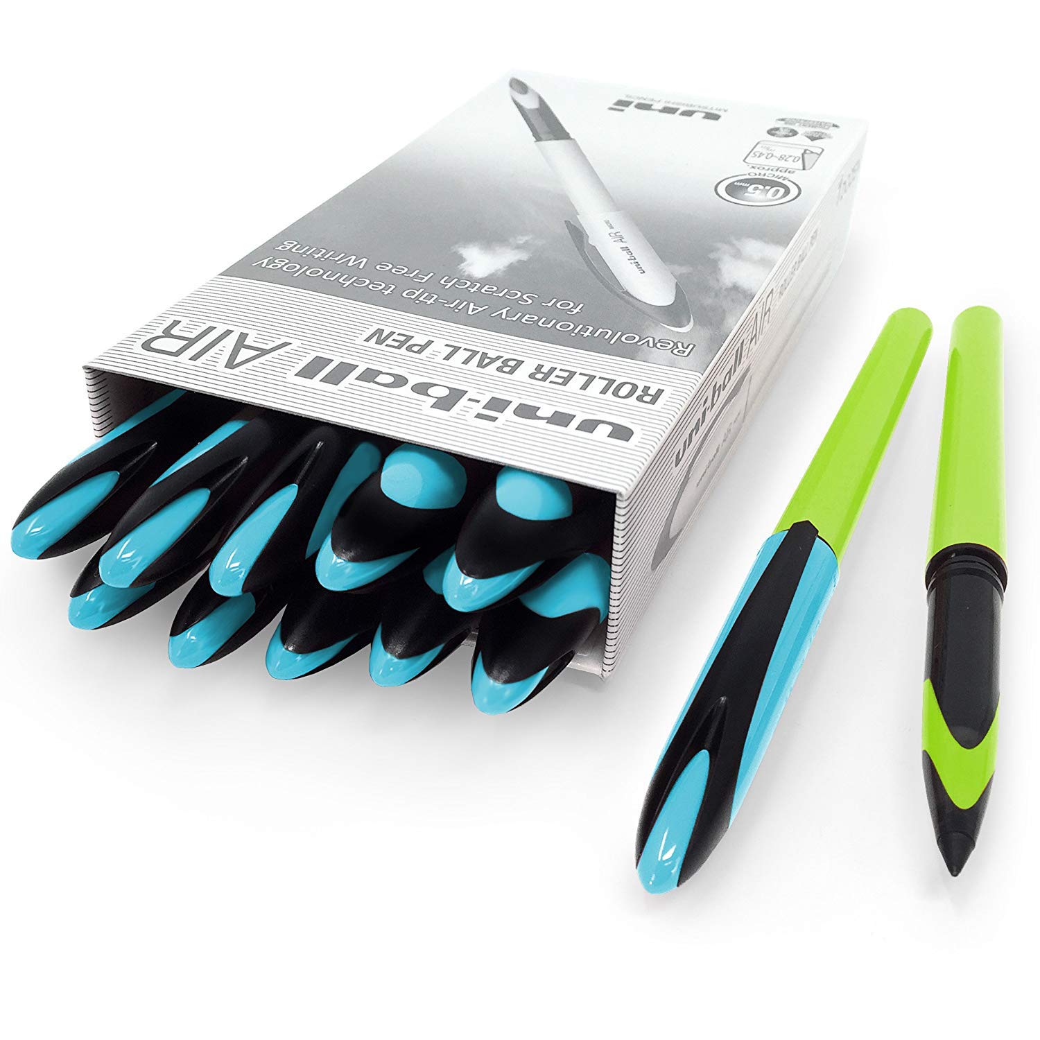 Uni-Ball Air – 0.5mm Rollerball - Green Barrel, Blue Cap- Black Ink – Pack of 12 - UBA-188E-M