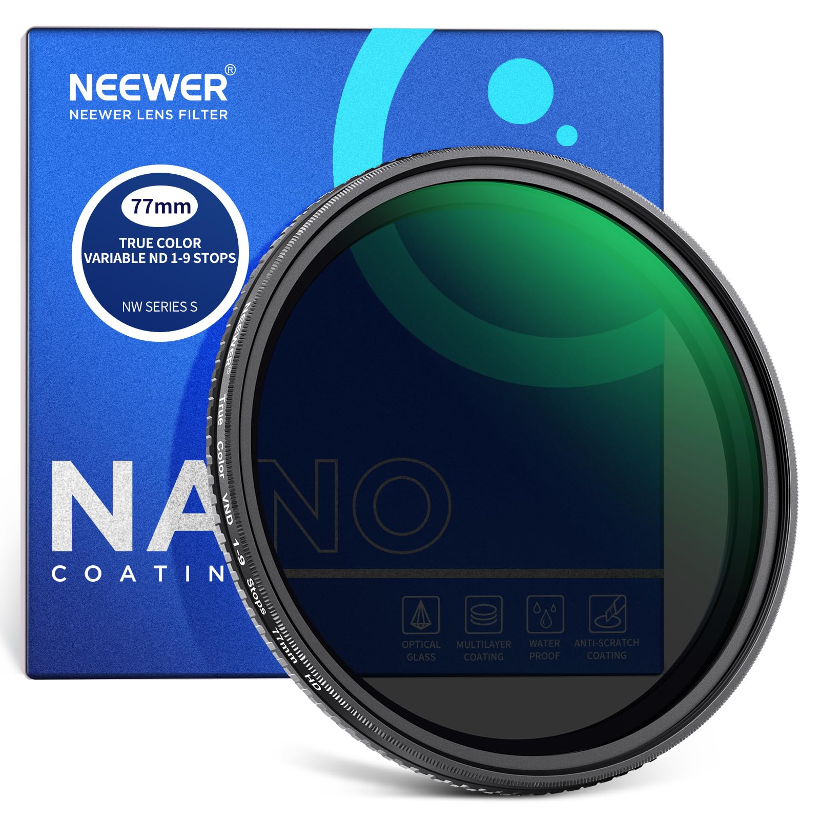 NEEWER 77mm True Color Variable ND2-ND400 Filter, Hard Stops Adjustable Neutral Density VND Filter with Multi Coated HD Optical Glass/Aluminum Frame/Water Repellent/Scratch Resistant