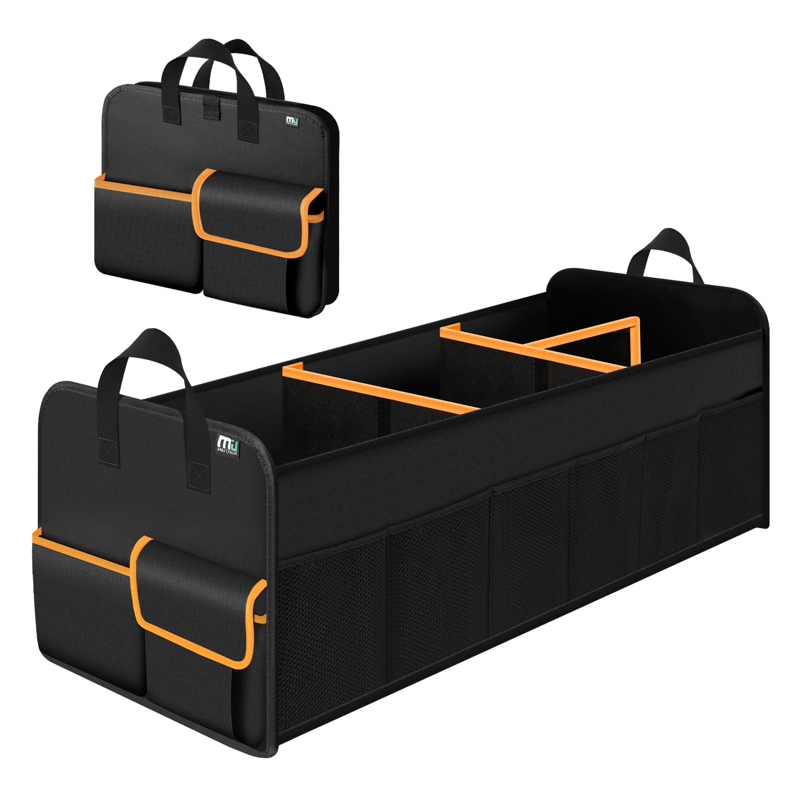 MIU COLOR Trunk Organizer for SUV, Collapsible Trunk Organizer for Car, Non-Slip Bottom, Storage Organizer for Sedans, Van, Jeep, Grocery, Large 4 Compartments, Black Mixed Orange 32"×13"×12" Image