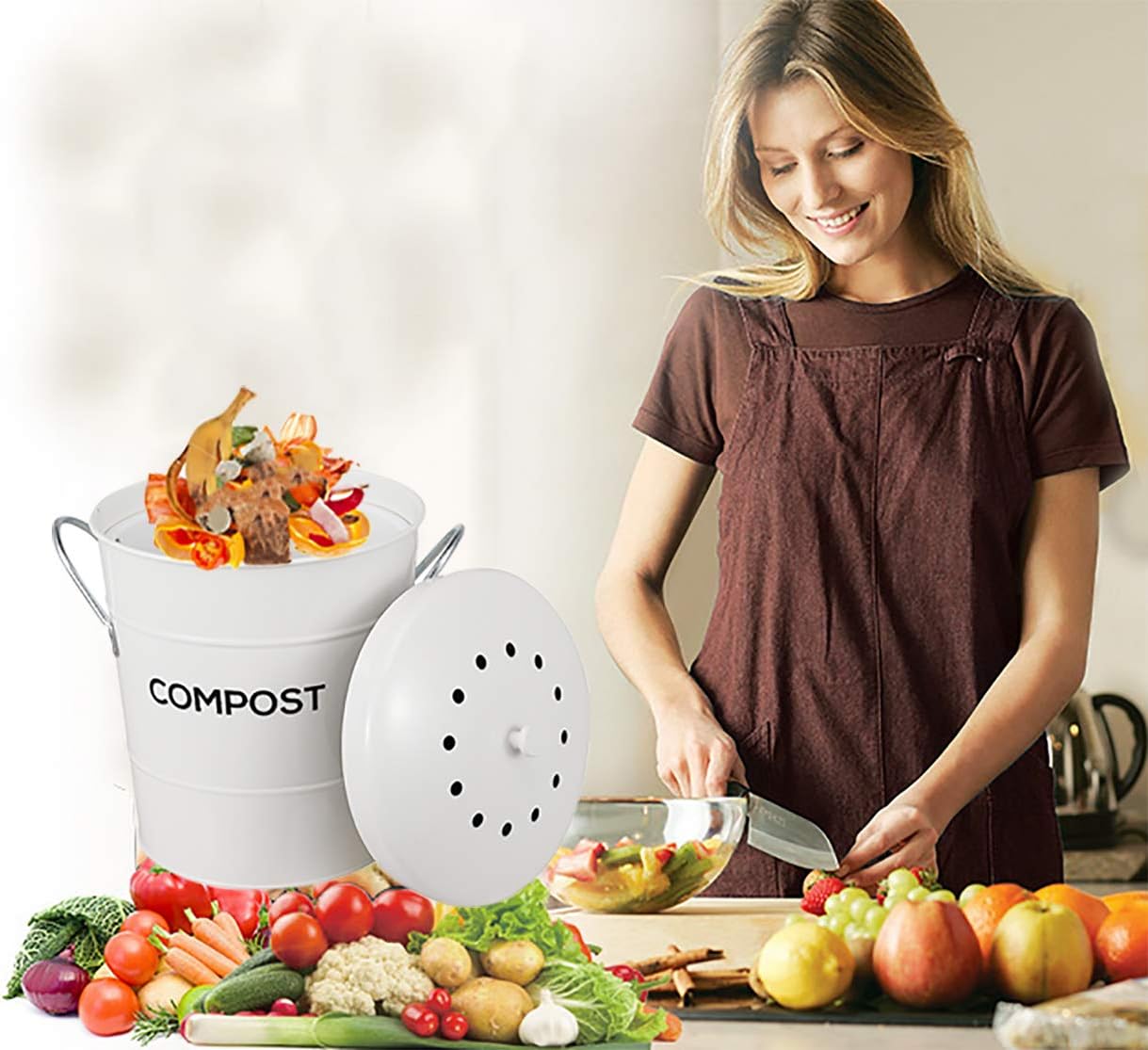 2-in-1 Indoor Kitchen Compost Bin, Great for Food Scraps, Removable Clean Plastic Bucket, Handles, Beige, 1 Gallon - Includes Charcoal Filter - Style 1: Kitchen & Dining