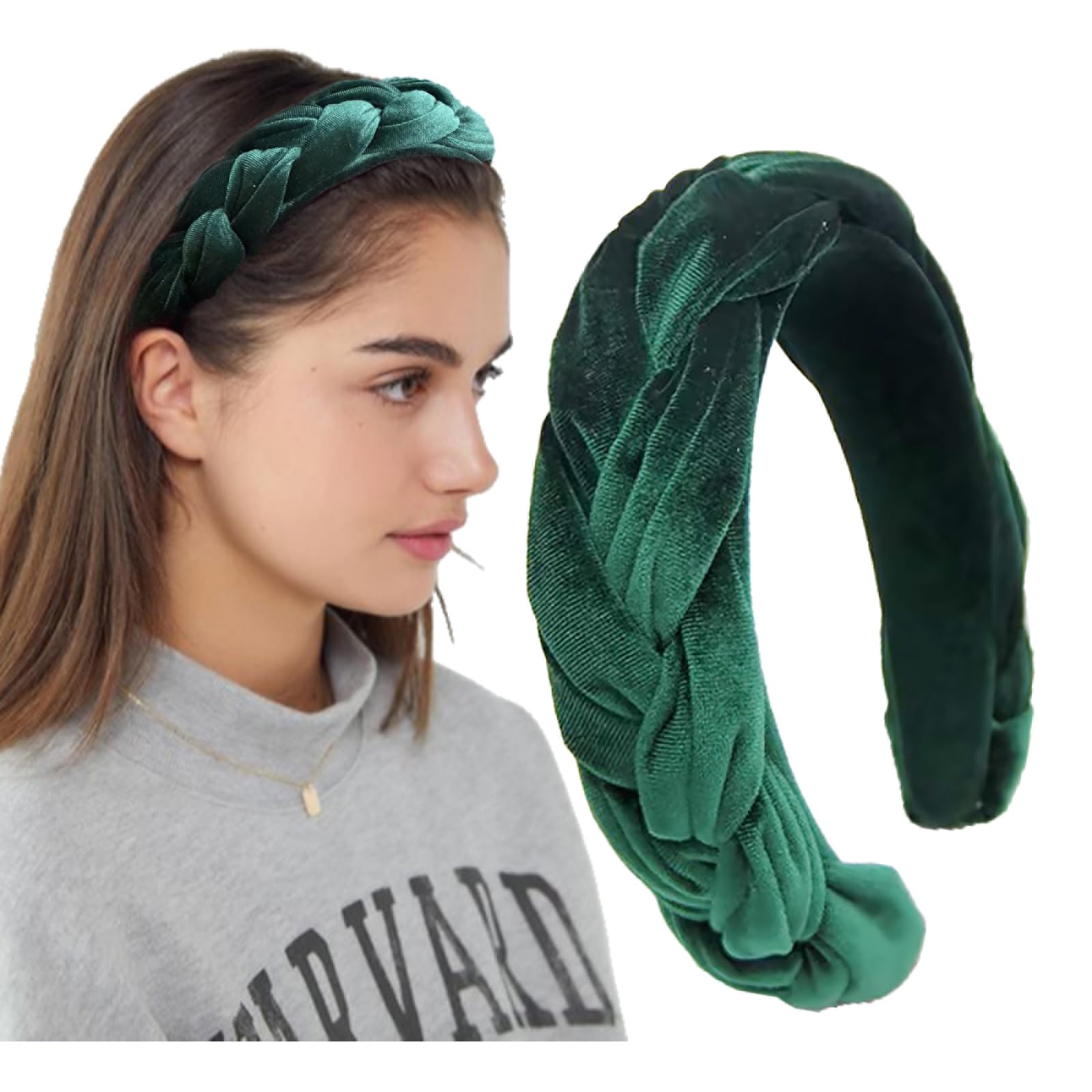 LEBENSWERT Velvet Braided Headband Women's Costume Headband Wide Vintage Hair Band Fashion Headbands for Women (Dark Green)