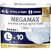 NorthShore MegaMax Adult Overnight Diapers, 12-Hour Tab-Style, Large, 10 Count Bag, White, 42-54 inches, Unisex Incontinence Underwear
