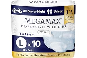 NorthShore MegaMax Adult Overnight Diapers, 12-Hour Tab-Style, Large, 10 Count Bag, White, 42-54 inches, Unisex Incontinence Underwear
