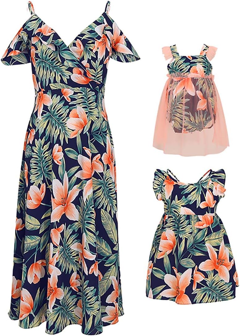 Mumetaz Mommy and Me Floral Print Cold Shoulder V-Neck Ruffle Backless Family Matching Clothes