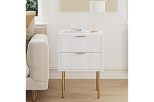 Masupu Nightstand,Mid-Century Modern Bedside Table with 2 Storage Drawer,Small Gold Frame Side End Table for Bedroom,Living Room, White