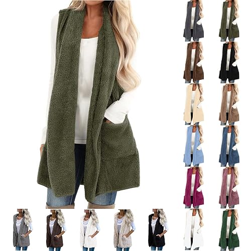 Long Teddy Gilet For Women UK Double Fleece Sleeveless Jacket with Pocket Casual Solid Fluffy Waistcoats Bodywarmer Fuzzy Fleece Plain Jacket Vest Loose Fit Outwear Beige L