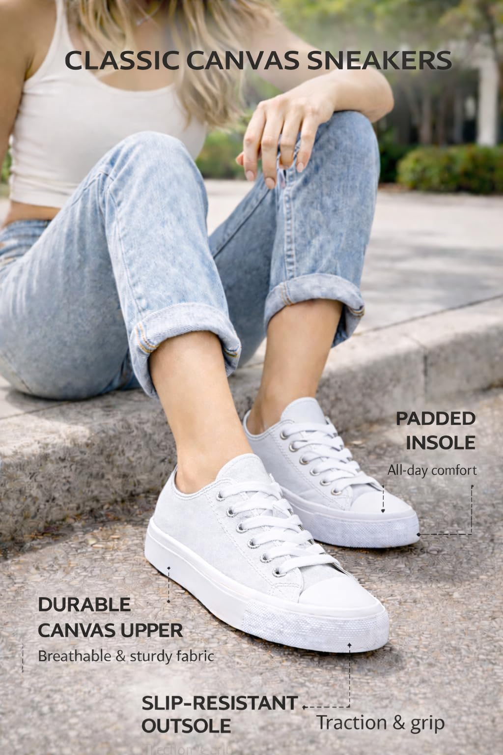 hello basics White Canvas Shoes for Women Casual Low Top Sneakers Fashion Womens Tennis Shoes, White, Size 9