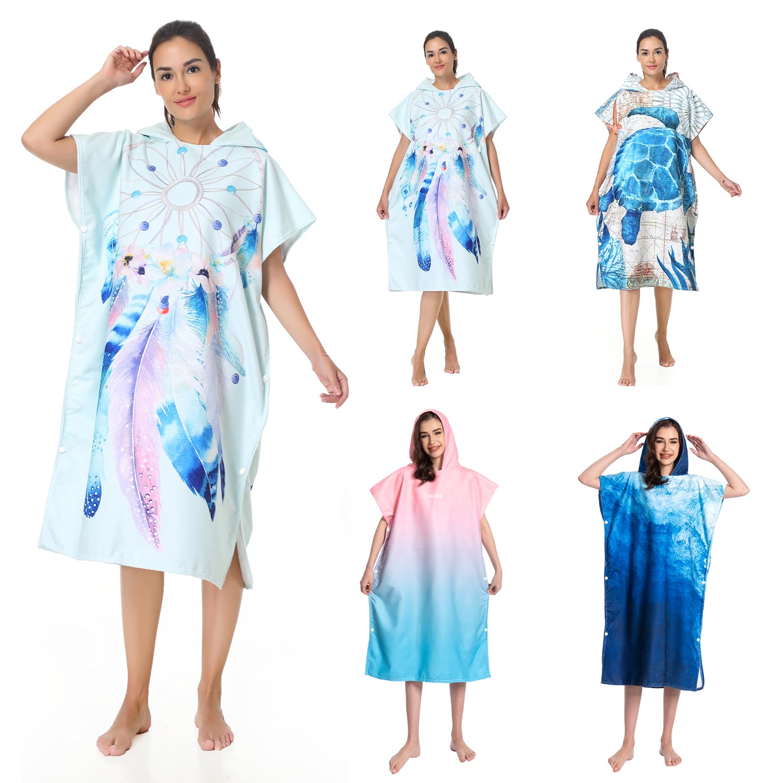 MOKANI Changing Robe, Hooded Towel Poncho for Swimming Pool, Beach, Surfing, Quick Dry & Light Weight Towelling Poncho for Adults Women Men (with Buttons,108L x 82W CM)