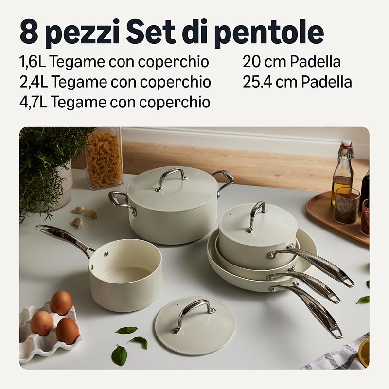 Pentole e Padelle Antiaderenti in Ceramica, Set di 8 Pezzi, Lavabili in Lavastoviglie e Adatte al Forno, Adatte a Tutti i Piani Cottura, Grigio Lino